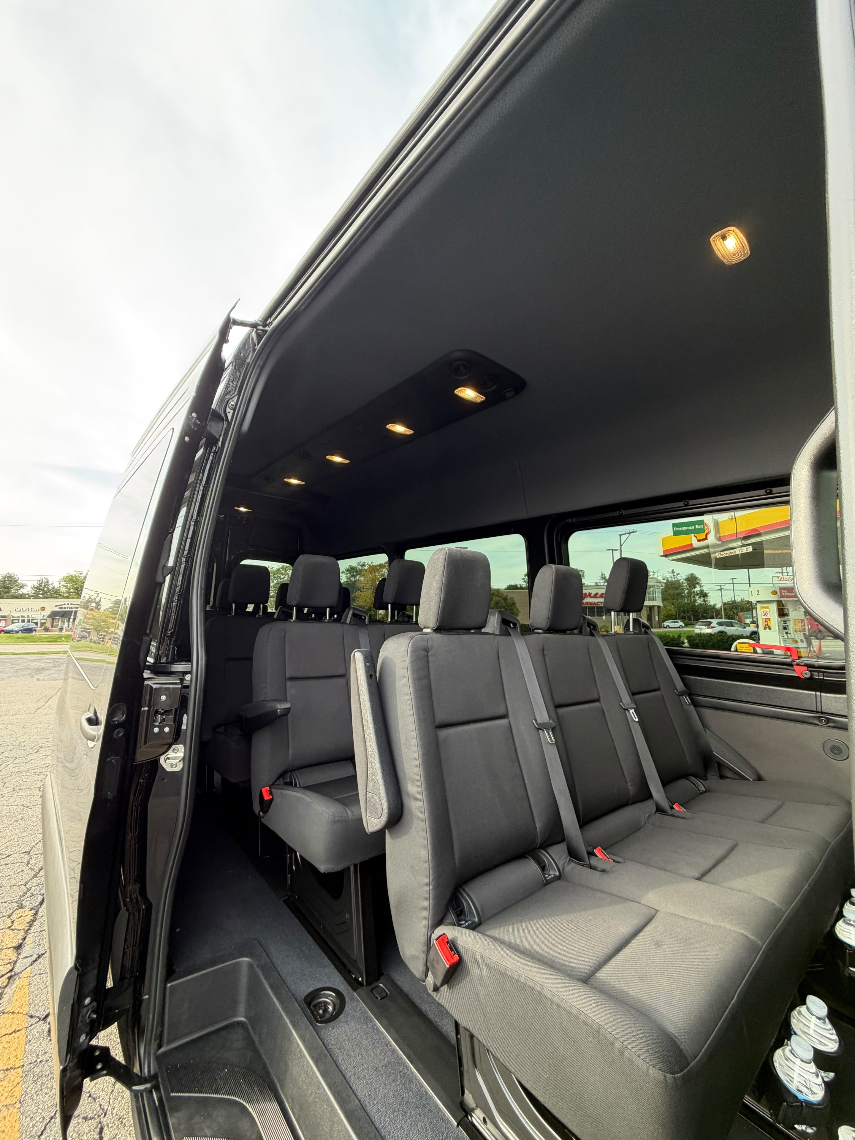 Sprinter van interior cabin with overhead lighting
